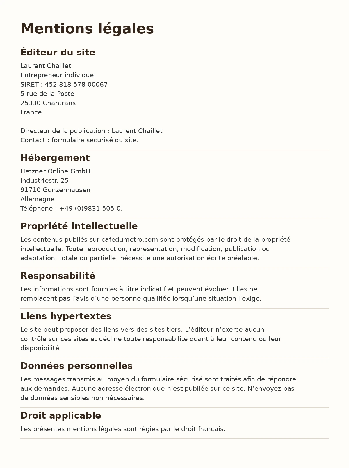 Mentions légales complètes de cafedumetro.com