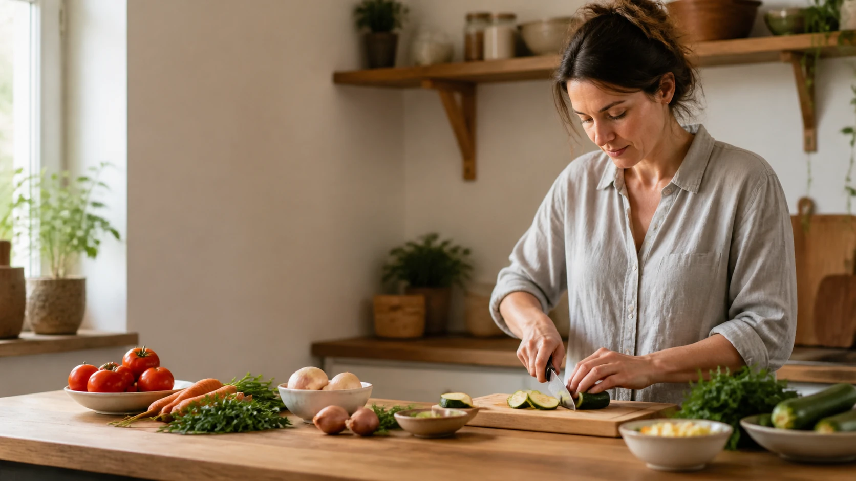 Préparation d'un repas maison dans une cuisine lumineuse